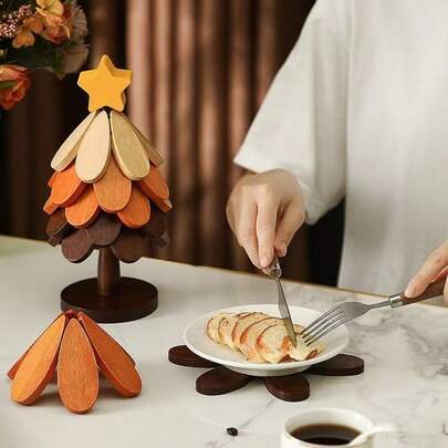 3pcs/5pcs Wooden Triangle Pad Coasters, Tree-Shaped Heat Resistant Table Mat Cup Placemat, Creative Christmas Tree Trivet Decor, Stylish, Multipurpose Decoration