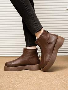 女士真皮靴，厚底粗跟，保暖内里，百搭经典黑色踝靴，适合户外、通勤、办公等多种场合，复古风格，毛绒内里，冬季必备单品 - 棕色 - 查看 5