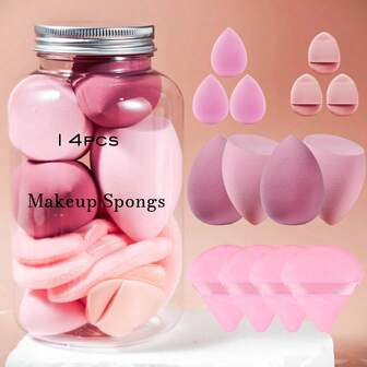 14pcs Makeup Sponge Set & Velvet Powder Puff With Storage Container, Wet/Dry Dual-Use Blender Sponge For Liquid, Foundation, Powder, Concealer, Cream
