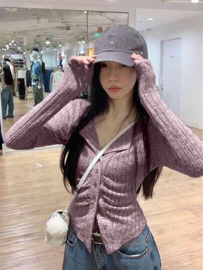 New Stylish Collared Ruched Long Sleeve Knit Sweater For Women