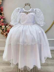 Vestido Infantil Branco Busto C/ Renda Daminhas Festas Luxo