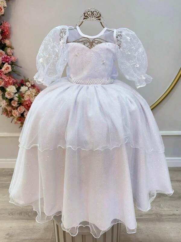 Vestido Infantil Branco Busto C/ Renda Daminhas Festas Luxo
