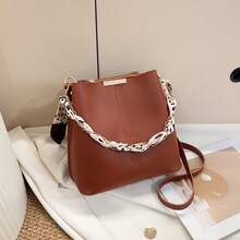 Women's PU Leather Bucket Bag With Chain Decor, Crossbody - Brown - View 3