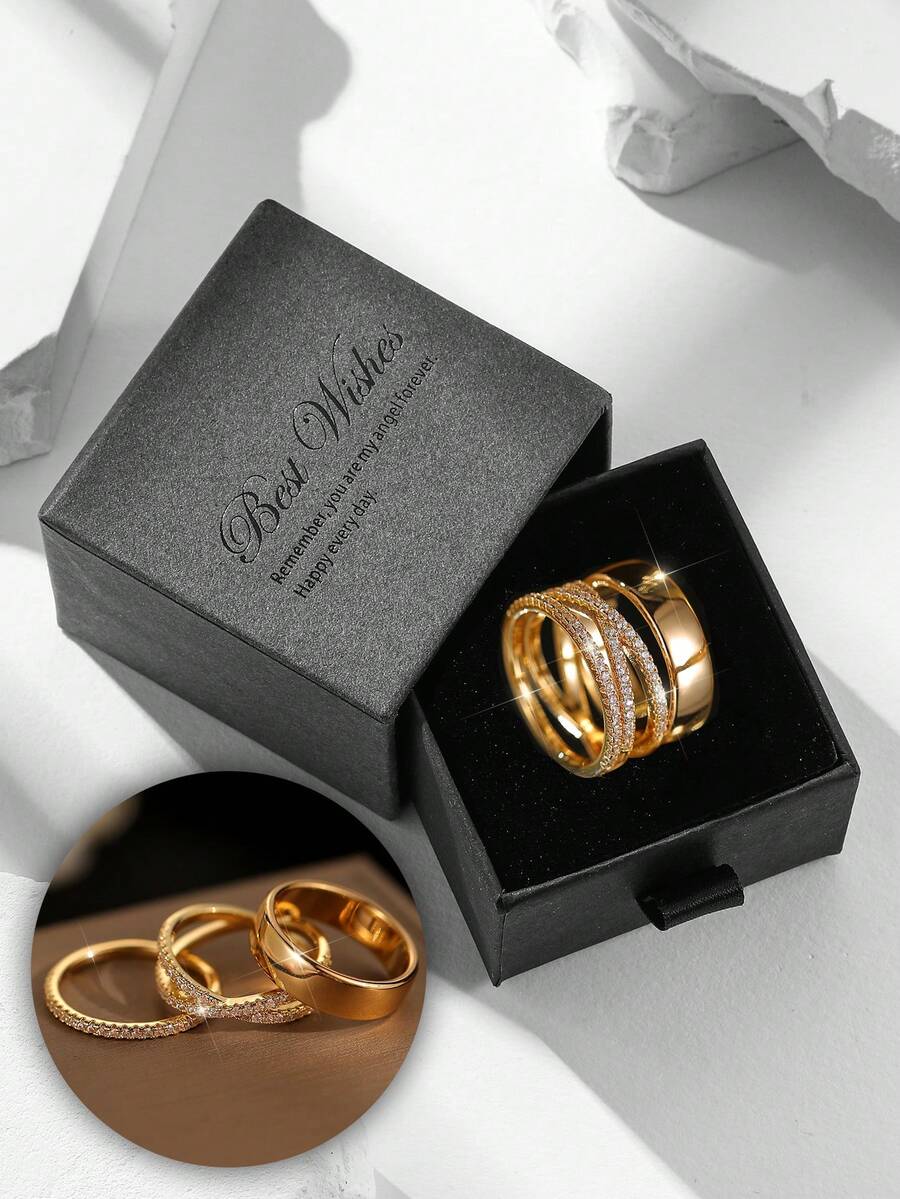 3pcs/Set Cubic Zirconia Gold Color Ring Set, Women's Party & Daily Jewelry Combo, Suitable For Holiday Gifts - Gold - View 1