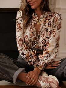 Plus Size Women's New Spring/Summer Vintage French Style Casual Elegant Floral Print Button Down Long Sleeve Shirt, Relaxed Fit Open Front Beach Blouse For Ladies - Color - View 1