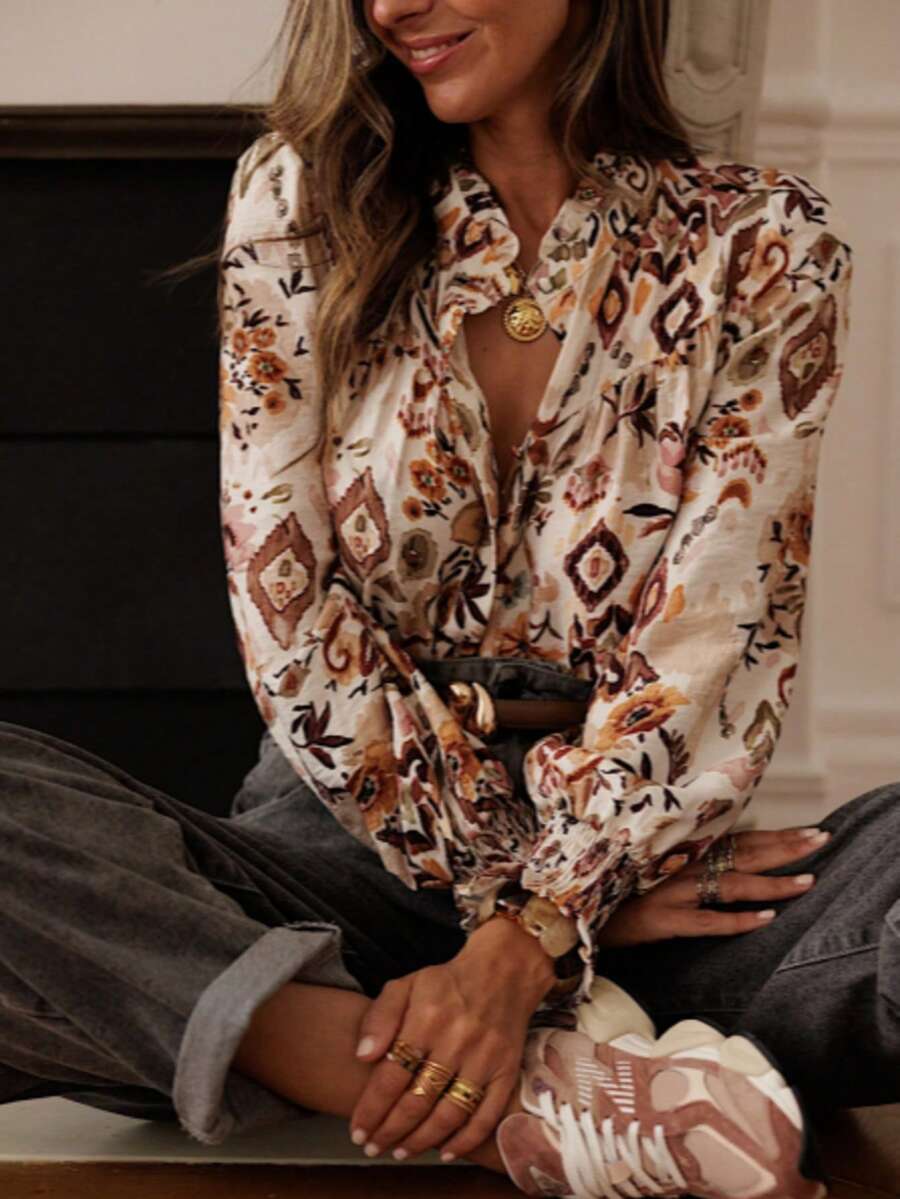 Plus Size Women's New Spring/Summer Vintage French Style Casual Elegant Floral Print Button Down Long Sleeve Shirt, Relaxed Fit Open Front Beach Blouse For Ladies - Color - View 1