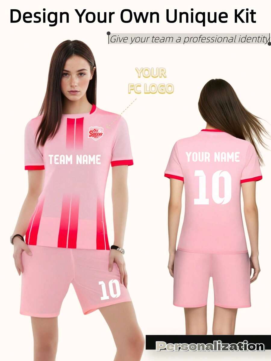 2pcs/Set Customized Women's Soccer Uniform - Personalized With Name, Number And Team Logo (Front/Back) - Pink & Red Ombre Design Short Sleeve Jersey And Shorts Set - Quick Dry Breathable Sportswear - Suitable For Soccer, Volleyball, Basketball And Casual Sports Summer - Pink - View 1
