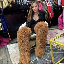 Women's Thigh High Fur Boots Faux Fur Fluffy Flat Warm Over The Knee Boots Tall Furry Snow Shoes For Women - 棕色 - 查看 5
