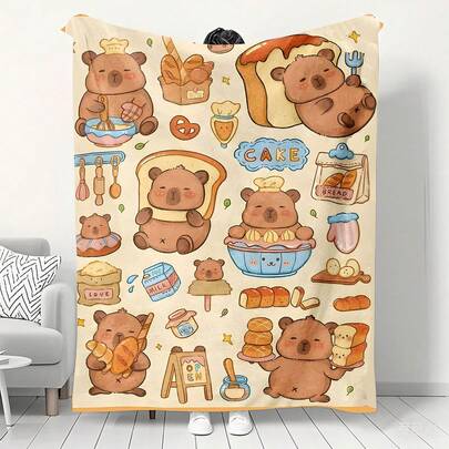 1 Cobertor de Flanela Estampado com Kapibala Fofo, Lavável à Máquina, Macio, Quente, Portátil, Ideal para Cama, Viagens, Camping, Quarto, Sala de Estar, Decoração de Casa, Escritório, Sofá ou Cadeira, Perfeito como Tapete para Cochilo no Escritório, Tapete de Lazer com Ar Condicionado, Tapete para Presente de Férias em Família, Cama de Areia ao Ar Livre