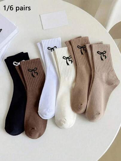 1/6 Pairs Women Bow Knitted Mid-Calf Socks, Casual Socks, Sports Socks, Soft & Comfortable, Cute, Stylish, Suitable For Daily And Outdoor Wear In All Seasons