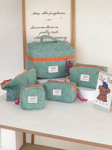 Green Plaid Quilted Large Capacity Cosmetic Bag, Portable Storage Bag, Handbag, Travel Essential Storage Bag, Ladies' Travel Toiletry Bag, Vanity Accessories, Small Makeup Bag, Makeup Pouch, Makeup Bag, Travel Essential, Cruise Essential, Dorm Essential, Birthday Gift, Bridesmaid Gift, Mother's Day Gift, New Year Gift, Women's Gift, Christmas Gift, Creative Women's Gift