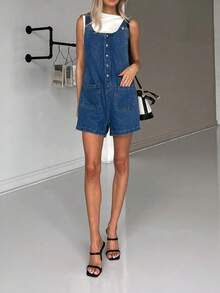 Women's Classic Denim Overalls - Button Front Shorts, Relaxed Fit, Pure Color Vintage Wash - Dark Wash - View 3