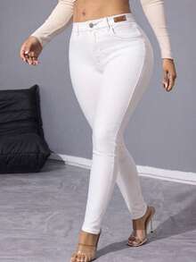 Lässige vielseitige einfarbige Stretch Skinny Jeans mit Taschen - Weiss - Übersicht 3