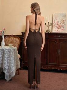 PARTHEA 露背深V领亮片网纱紧身长裙 - 棕色 - 查看 3