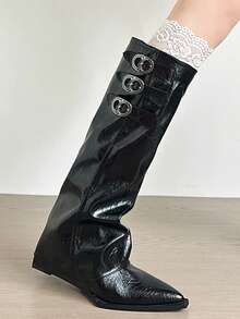 法式优雅白色过膝长靴，尖头坡跟褶皱宽松靴，时尚修身长靴 - 黑色 - 查看 3