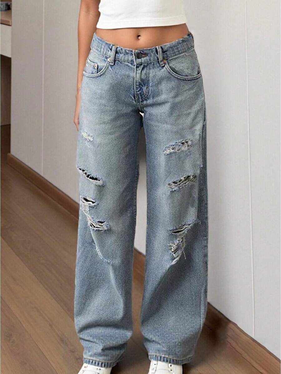 Women Ripped Jeans, Button Zipper Closure Solid Loose Denim Trousers For Casual Daily - Blue - View 1