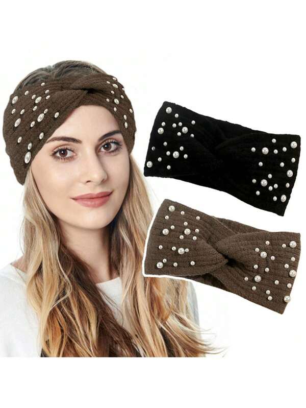 1pc Elegant Faux Pearl Knitted Twist Headband, Thick Warm Winter Headwrap, Fashion Versatile Hair Hoop, Suitable For Mother's Day, Back To School, Thanksgiving, Christmas, Valentine's Day, New Year Gifts