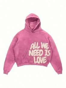 Unisex Pink Retro Washed Hoodie "ALL WE NEED IS MONEY" Letter Print Y2K Loose Hip Hop Street Couple Hooded Sweater - Hồng - Xem 1