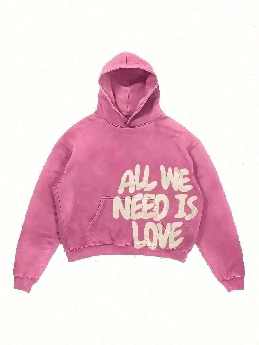 Unisex Pink Retro Washed Hoodie "ALL WE NEED IS MONEY" Letter Print Y2K Loose Hip Hop Street Couple Hooded Sweater - Hồng - Xem 1