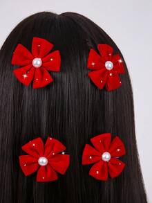 5件套 女孩/女士布艺花朵发夹，镶钻发卡，优雅发饰，适合日常、圣诞节、情人节佩戴 - 紅色 - 查看 4