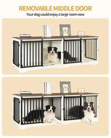 HEXCELEN 78" Dog Crate Furniture With Divider, Dog Crate Barn Door, Dog Kennel Indoor, Wood Dog Crate For 2 Dog Small/Medium/Large Dog, End Side Table, Anti-Chew Anti-Escape, White Brown - 白色/棕色 - 查看 3