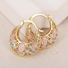 Elegant Bohemian Vintage Hollow Carving Earrings For - -Toned Floral & Leaf Hollow-Out Hoops With Pink/White/Green -Like Marquise-Like Stones, Wedding, Holiday, Everyday Jewelry Gift (Non-Precious Metal Electropl, For Teenager - 金色 - 查看 10