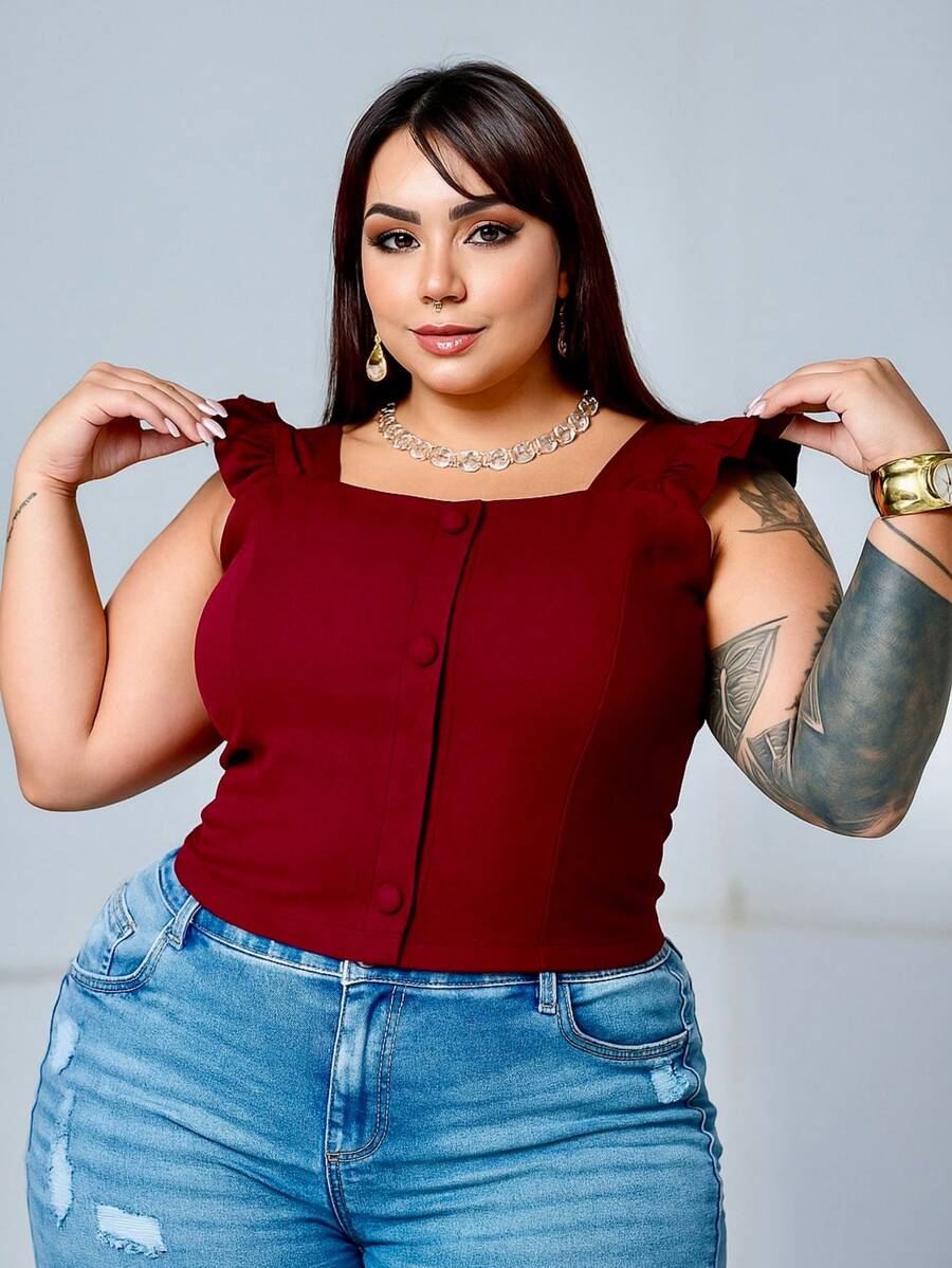 Women's Summer Plus Size Cropped Blouse With Ruffled Sleeves, Button Detail, Back Zipper, Curve Look, Sizes 44 To 54 - Burdeos - Ver 1