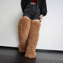 Women's Thigh High Fur Boots Faux Fur Fluffy Flat Warm Over The Knee Boots Tall Furry Snow Shoes For Women - 棕色 - 查看 2