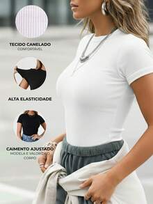 Women's Short-Sleeve Baby Tee T-Shirt, Fitted, Ribbed, Basic, For Everyday Wear, Work, Travel - 白色 - 查看 3
