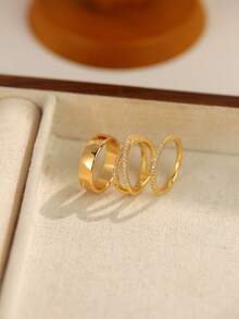 3pcs/Set Cubic Zirconia Gold Color Ring Set, Women's Party & Daily Jewelry Combo, Suitable For Holiday Gifts - Gold - View 5