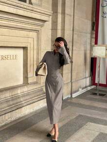 女士优雅通勤燕麦色纹理长款衬衫裙 - 侧褶、荷叶袖、前襟纽扣、收腰、翻领 - 卡其色 - 查看 3