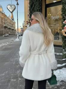 Áo khoác lông giả cổ lông thú mới mùa đông 2025, áo khoác lông giả tay dài dáng rộng kiểu retro màu trắng dành cho nữ. - trắng - Xem 5
