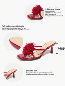 Women's Fashionable 3D Coral Tassel Floral Sexy Criss-Cross Strap Square Toe Kitten Heel Slip-On Sandals, Solid Color Glossy Texture Comfortable Material, Suitable For Spring/Summer Nightclub, Party, Travel, Shopping, Gathering, Wedding, Commuting, Elegant Luxury Style, Romantic Rose Red High Heels - Rose Red - View 7