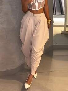 女士优雅休闲裤，纯色金属纽扣不对称设计，适合办公室和日常穿着，春夏款 - 杏色 - 查看 5