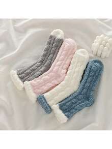 3 Pairs Of Women's Winter Warm Fleece Socks - Soft Coral Fleece, Ribbed, Pastel Colors, Washable Indoor And Outdoor Comfortable Plush Socks, Soft Texture, Comfortable Wear, Random Colors - 3 cặp - Xem 4
