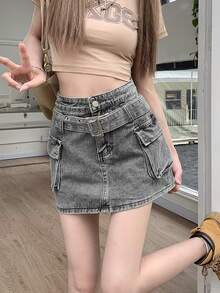 Solid Color Washed High Waist Cargo Bodycon Mini Skirt With Belt, Street Style Women Denim A-Line Skirt