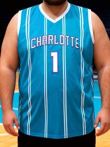 1 pieza Camiseta de baloncesto de talla grande #1 de color lavanda, de corte holgado con bordado de letras en inglés Charlotte, cuello redondo sin mangas, adecuada para baloncesto, deportes, correr, entrenamiento, regalos para hombres - Celeste - Ver 1