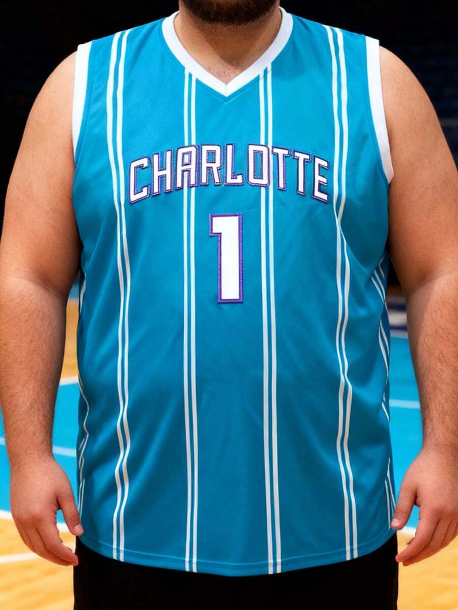 1 pieza Camiseta de baloncesto de talla grande #1 de color lavanda, de corte holgado con bordado de letras en inglés Charlotte, cuello redondo sin mangas, adecuada para baloncesto, deportes, correr, entrenamiento, regalos para hombres - Celeste - Ver 1