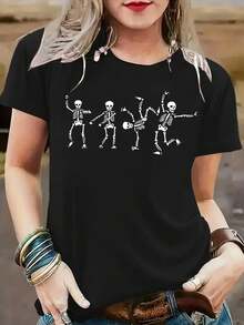 Camiseta Retro Holgada para Mujer con Estampado de Esqueletos Bailarines de Halloween - Top Gráfico Blanco y Negro de Manga Corta con Cuello Redondo, Tejido Suave con Diseño de Banda de Esqueletos Bailarines para Fiestas Casuales y Temáticas - Negro - Ver 2