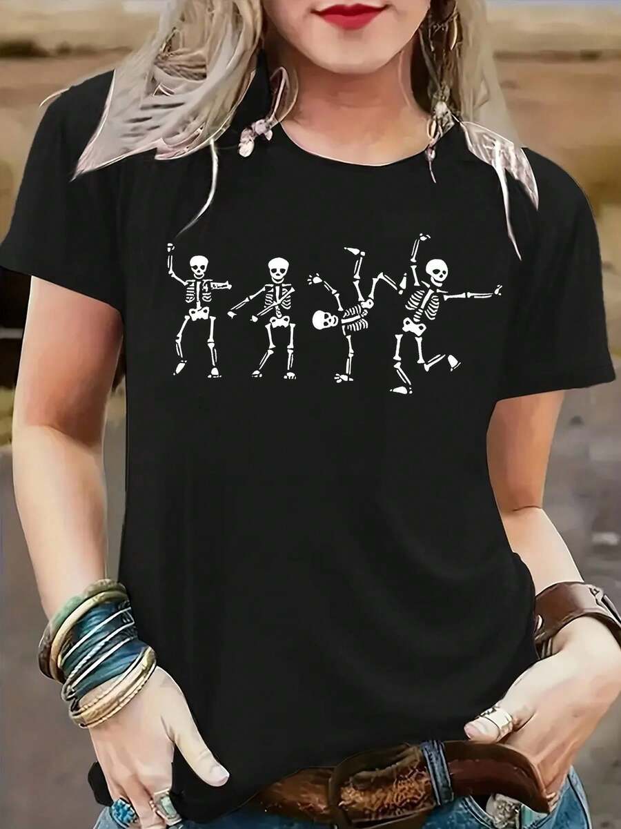 Camiseta Retro Holgada para Mujer con Estampado de Esqueletos Bailarines de Halloween - Top Gráfico Blanco y Negro de Manga Corta con Cuello Redondo, Tejido Suave con Diseño de Banda de Esqueletos Bailarines para Fiestas Casuales y Temáticas