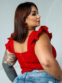 Women's Summer Plus Size Cropped Blouse With Ruffled Sleeves, Button Detail, Back Zipper, Curve Look, Sizes 44 To 54 - Red - View 3