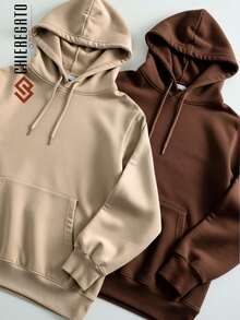 Kit Of 2 Hooded Sweatshirts, Casual Basic Style, Unisex Winter Set - - Chocolate/Beige - View 1