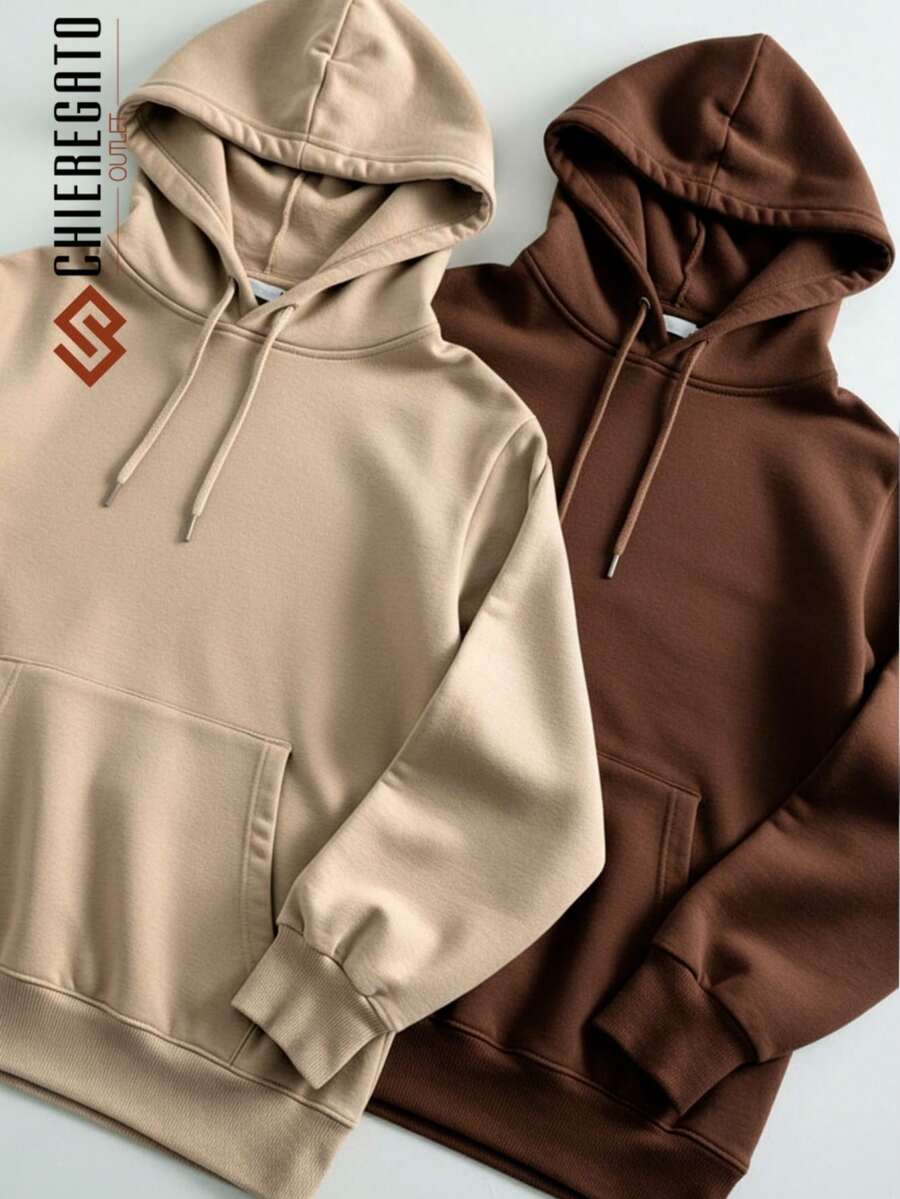 Kit Of 2 Hooded Sweatshirts, Casual Basic Style, Unisex Winter Set - - Chocolate/Beige - View 1