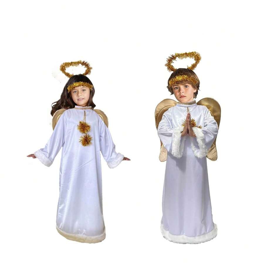 Disfraz De Angel Navidad - Túnica Blanca con Alas para Niñas Y Niños - Blanco - Ver 1