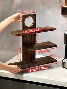 1 pieza Estantería de 3 niveles de gran capacidad con acabado de grano de nogal, estilo nórdico, color nogal, forma trapezoidal, para almacenamiento de accesorios de café/rincón de café, organizador de escritorio multiusos, almacenamiento de cosméticos/regalo de cumpleaños - Marrón - Ver 3