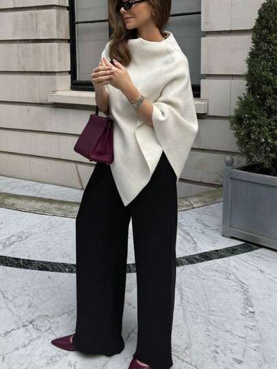 Minimalist Fashion Poncho Sweater, Solid Color Ribbed, Everyday Wear, Autumn/Winter