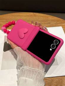 Pink Y2K Stylish Heart Solid Color Folding Phone Case With 3D Cartoon Rabbit Flower Bead Chain Compatible With Samsung Galaxy Z Flip7 Flip6 Flip5 Flip4 3 Korean Cute Matte PC Hard Back Cover - Hot Pink - View 4