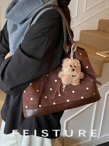 1pc Polka Dot Faux Suede Tote Bag, Fashion Women's Handbag, Casual Shoulder Bag For Commuting, Dating, Daily Use, With Pendant