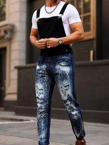 Overol Hippie para hombre de mezclilla azul con peto negro, diseño moderno bicolor con efecto deslavado, estilo urbano y casual, ideal para outfits streetwear, cómodos y con actitud contemporánea. - Azul con Negro - Ver 1