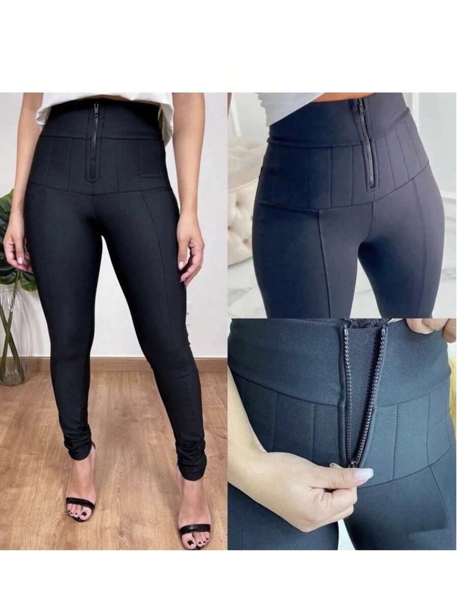 Women's Slimming Leggings In Supplex , Skinny Leggings, Plus Sizes G1 G2 G3, Zipper And Button - 黑色 - 查看 1